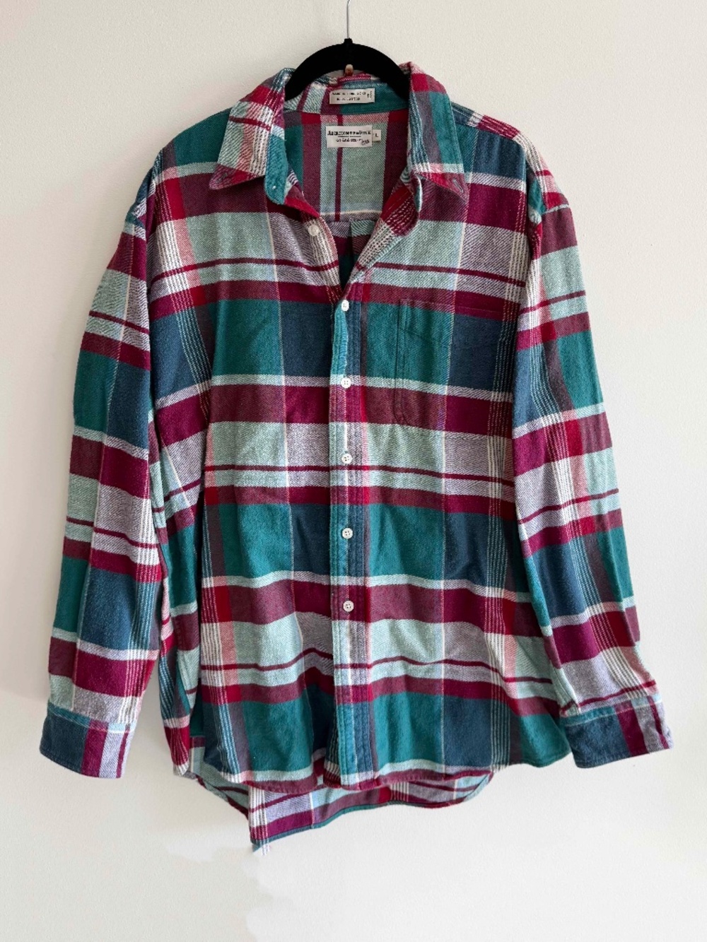 Vintage Abercrombie & Fitch Plaid Flannel Shirt L Teal Burgundy 90s Y2K